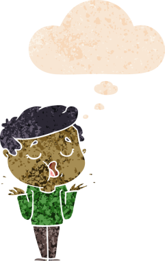 Çizgi filmdeki adam konuşuyor ve omuzlarını silkiyor grunge içinde düşünce baloncuklarıyla sıkıntılı eski moda bir insan tarafından çizilmiş