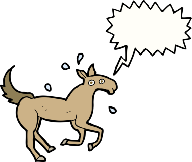 Bir insan tarafından çizilen konuşma baloncuğuyla terleyen at.