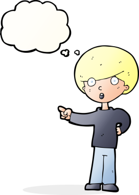 Bir insan tarafından çizilmiş düşünce kabarcığı olan çizgi film çocuğu.