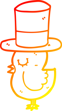 Bir insan tarafından çizilmiş silindir şapka giyen çizgi film kuşunun sıcak çizgi çizimi