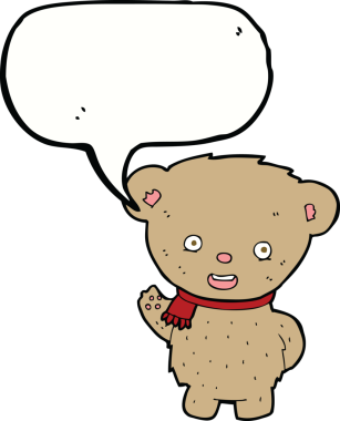 Bir insan tarafından çizilmiş konuşma baloncuğuyla sallanan oyuncak ayı.