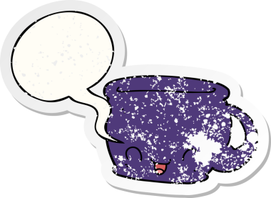 Bir insan tarafından çizilmiş, sıkıntılı, eski bir çıkartma, konuşma balonlu bir kahve fincanı.