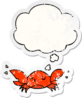 Düşünce baloncuklu karikatür yengeci insan tarafından çizilmiş yıpranmış bir çıkartma.