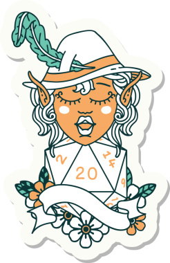 Bir insan tarafından çizilmiş doğal yirmilik bir elf ozan karakterinin çıkartması.