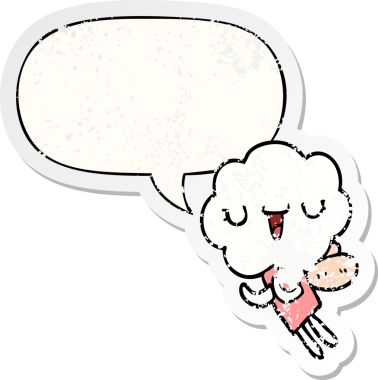 Konuşma baloncuğu olan sevimli çizgi film yaratığı bir insan tarafından çizilmiş sıkıntılı eski bir çıkartma.