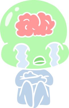 Düz renkli çizgi film. Bir insan tarafından çizilmiş büyük beyinli uzaylı ağlaması.