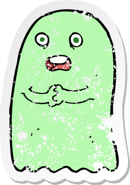 Bir insan tarafından çizilmiş komik bir karikatür hayaletinin gerilmiş çıkartması.