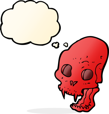 Bir insan tarafından çizilmiş düşünce baloncuklu korkunç vampir kafatası.