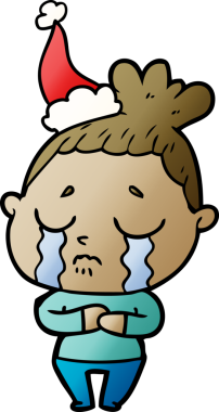 Bir insan tarafından çizilmiş Noel Baba şapkası giymiş ağlayan bir kadının el çizimi karikatürü.