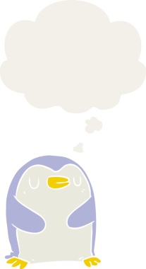 Düşünce baloncuğu olan bir penguen insan tarafından çizilmiş.