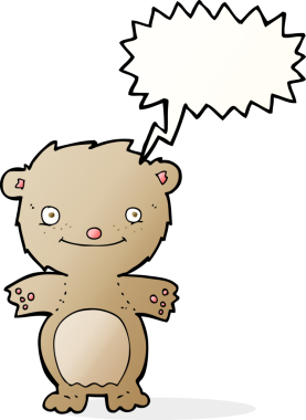 Bir insan tarafından çizilmiş konuşma balonlu küçük mutlu oyuncak ayı.