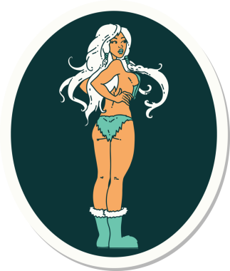 Geleneksel stil dövme çıkartması. Bir insan tarafından çizilmiş Viking kız resmi.