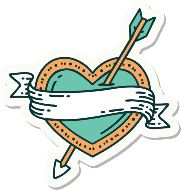 Bir insan tarafından çizilmiş ok kalp ve pankartın geleneksel stiliyle dövme çıkartması.