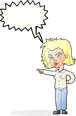 Bir insan tarafından çizilmiş bir konuşma balonuyla işaret eden çizgi film kadını.