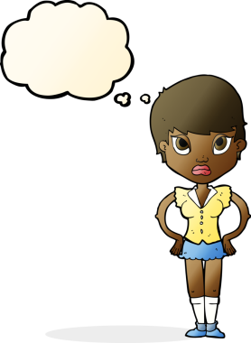 Bir insan tarafından çizilmiş düşünce baloncuğuyla rahatsız bir kız.