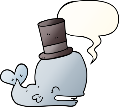 Bir insan tarafından çizilmiş, konuşma baloncuklu silindir şapka takan bir balina.