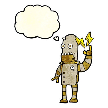 Bir insan tarafından çizilmiş düşünce baloncuğu olan yaşlı bir robot.