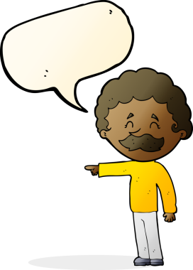 Çizgi filmdeki bıyıklı adam bir insan tarafından çizilmiş konuşma balonuyla işaret ediyor.