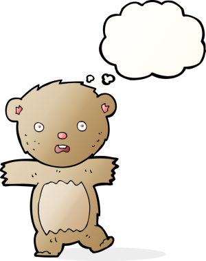 Bir insan tarafından çizilmiş düşünce baloncuğuyla şok olmuş oyuncak ayı.