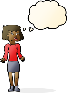 Bir insan tarafından çizilmiş düşünce baloncuğuyla omuz silken çizgi film kadını.