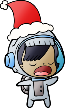 Bir insan tarafından çizilmiş Noel Baba şapkası giyen konuşan astronot bir kadının el çizimi karikatürü.