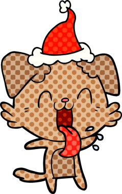 Bir insan tarafından çizilmiş Noel Baba şapkası giyen nefes nefese bir köpeğin el çizimi çizgi roman çizimi.