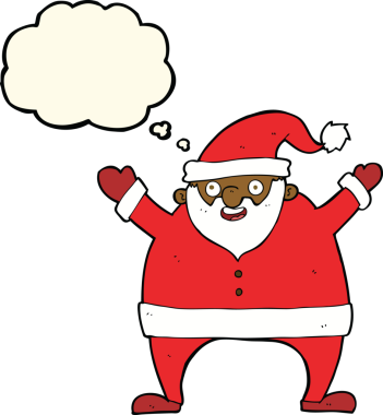 Bir insan tarafından çizilmiş düşünce baloncuklu Noel Baba çizgi filmi.