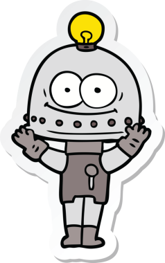 Bir insan tarafından çizilmiş mutlu bir karton robotun çıkartması.