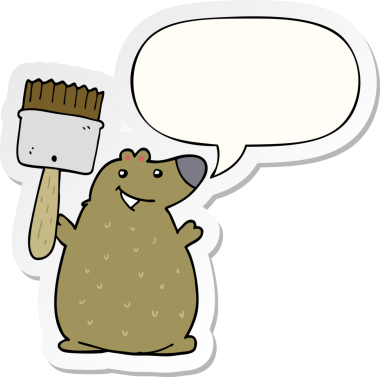 Bir insan tarafından çizilmiş balon çıkartmalı boya fırçası olan çizgi film ayısı.