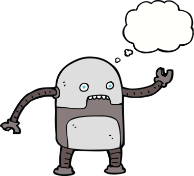 Bir insan tarafından çizilmiş düşünce baloncuklu komik robot.