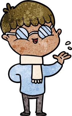 Bir insan tarafından çizilmiş gözlük takan çizgi film çocuğu.