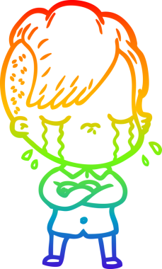 Gökkuşağı gradyan çizgi çizimi bir insan tarafından çapraz kollu ağlayan bir kız çizimi