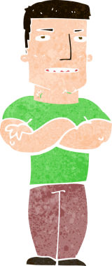 Bir insan tarafından çizilmiş kolları katlanmış sert adam çizgi filmi.