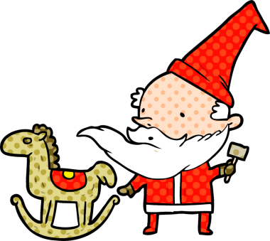 çizgi film Noel Baba (veya elf) bir insan tarafından çizilmiş sallanan bir at yapıyor.