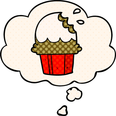 Bir insan tarafından çizilmiş, düşünce baloncuklu çizgi roman tarzı kek.