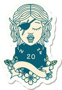 Bir insan tarafından çizilmiş doğal yirmi zarlı düzenbaz bir elf karakterinin çıkartması.