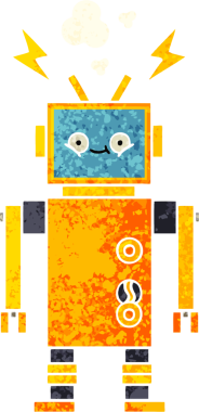 Bir insan tarafından çizilmiş arızalı bir robotun retro çizim tarzı karikatürü