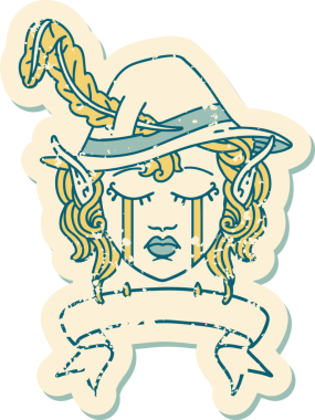 Retro Dövme Tarzı Ağlayan Elf Ozan karakter yüzü Bir insan tarafından çizilmiş pankartıyla