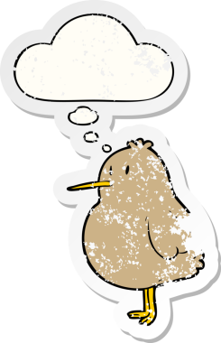 Düşünce baloncuğu olan karikatür kivi kuşu insan tarafından çizilmiş yıpranmış bir çıkartma.