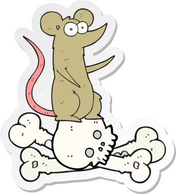 Bir insan tarafından çizilmiş kemiklerin üzerine çizgi film sıçanı etiketi.