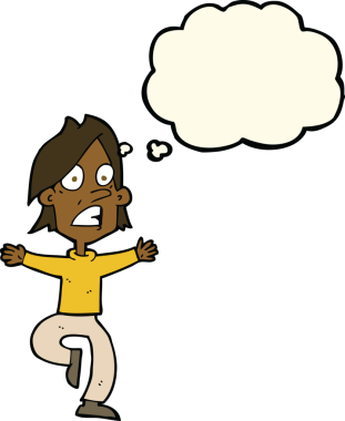 Bir insan tarafından çizilmiş düşünce baloncuğuyla panikleyen bir adam.