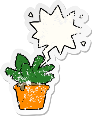 Konuşma baloncuğu olan karikatür evi bitkisi bir insan tarafından çizilmiş sıkıntılı eski bir çıkartma