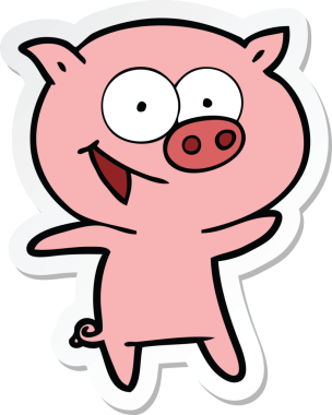 Bir insan tarafından çizilmiş neşeli bir domuz çizgi filminin çıkartması.