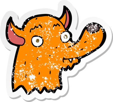 Bir insan tarafından çizilmiş mutlu tilki çizgi filminin kederli retro yapıştırması.