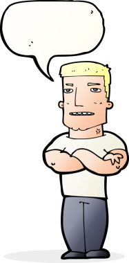 Bir insan tarafından çizilmiş, kolları katlanmış, konuşma balonlu sert çocuk.