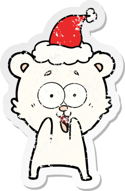 Heyecanlı oyuncak ayı eli insan tarafından çizilmiş Noel Baba şapkası giymiş üzgün bir çıkartma çizimi.