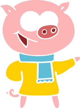 Kış kıyafetleri giyen neşeli domuz. Bir insan tarafından çizilmiş düz renkli çizgi film.