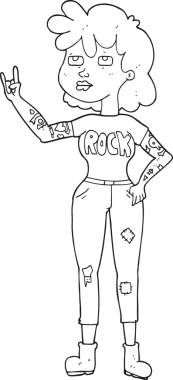 Bir insan tarafından çizilmiş siyah beyaz bir rockçı kız.