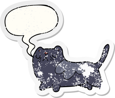 Konuşma baloncuğu olan çizgi film kedisi bir insan tarafından çizilmiş sıkıntılı eski bir çıkartma