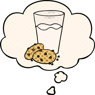 Çizgi roman tarzında bir insan tarafından çizilmiş düşünce balonlu kurabiye ve süt.